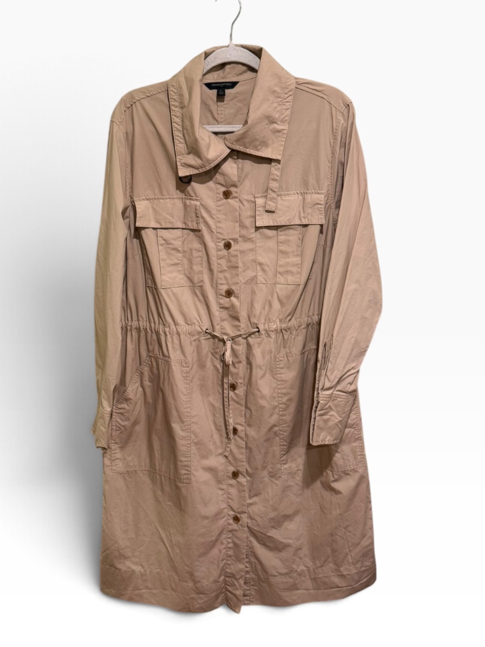 Banana Republic Khaki Utility Trench Coat Shirt Dress Drawstring Waist Cotton L